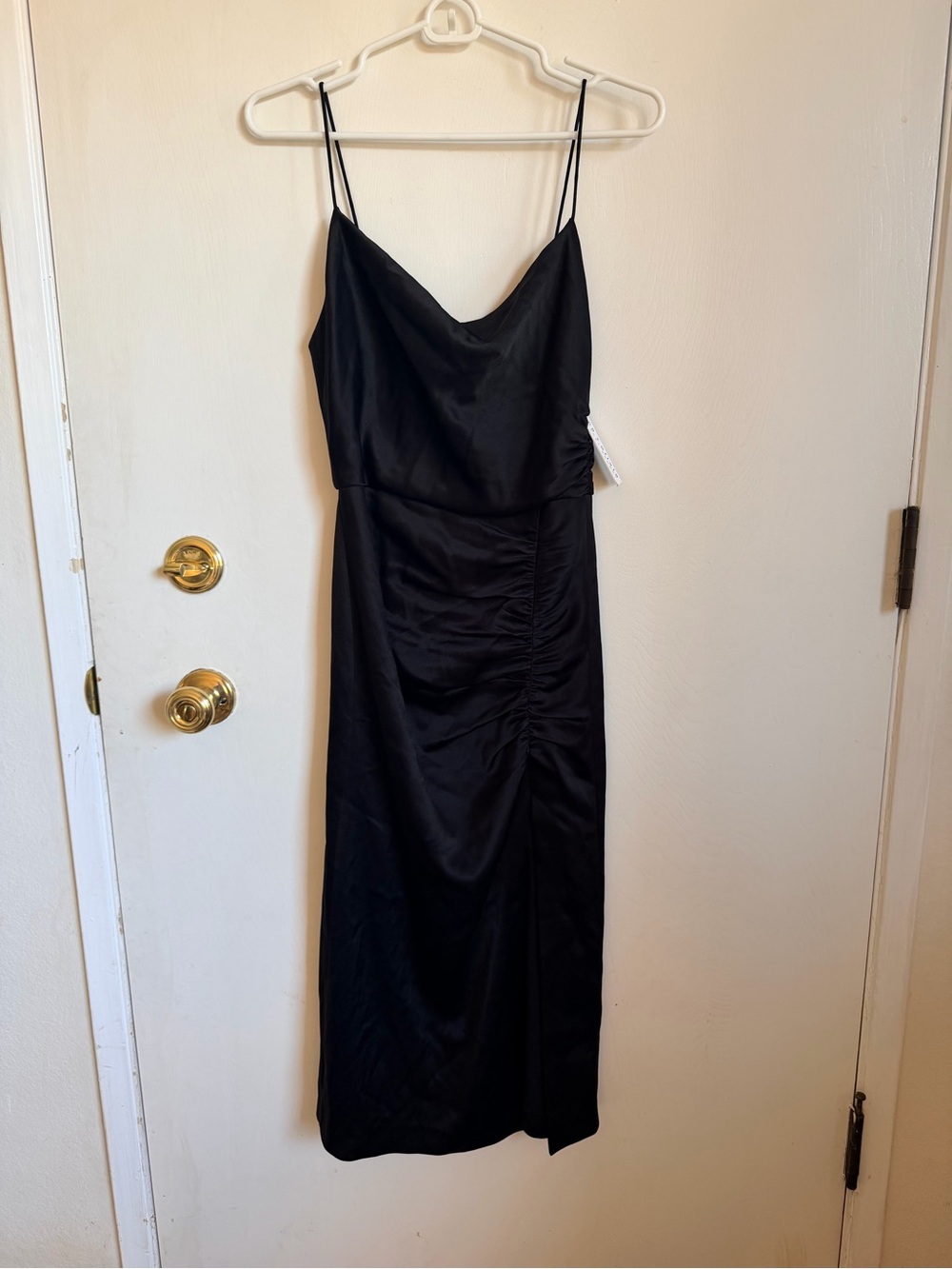 NWT Alice + Olivia Black Satin Cowl Neck Midi Dress with Side Ruching Size 4